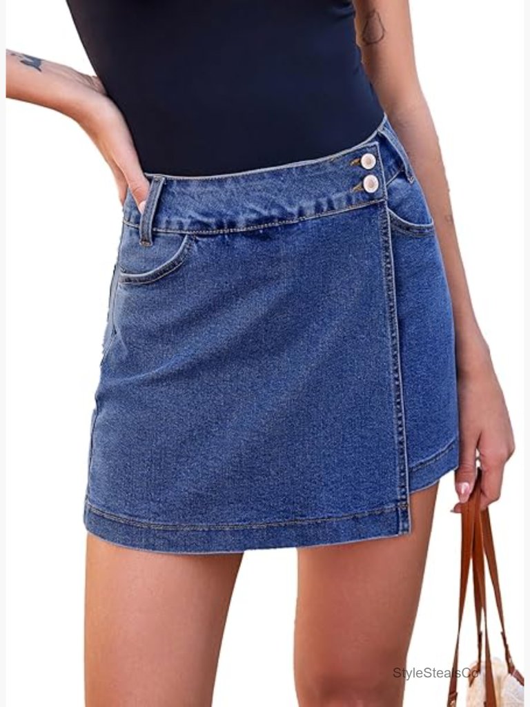 High Waisted Asymmetrical Denim Skort With Pockets